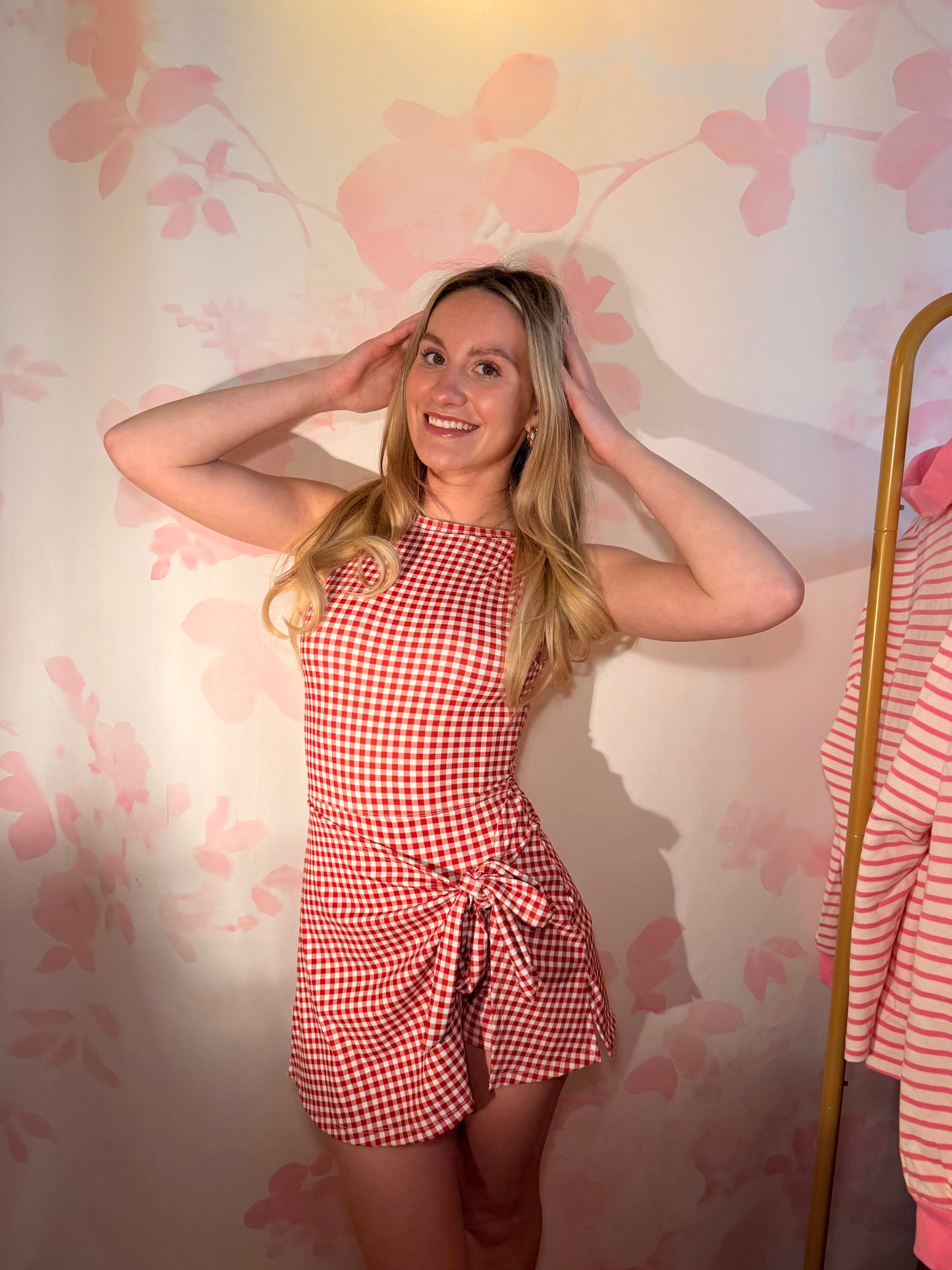 Gingham Print Red Romper Dress