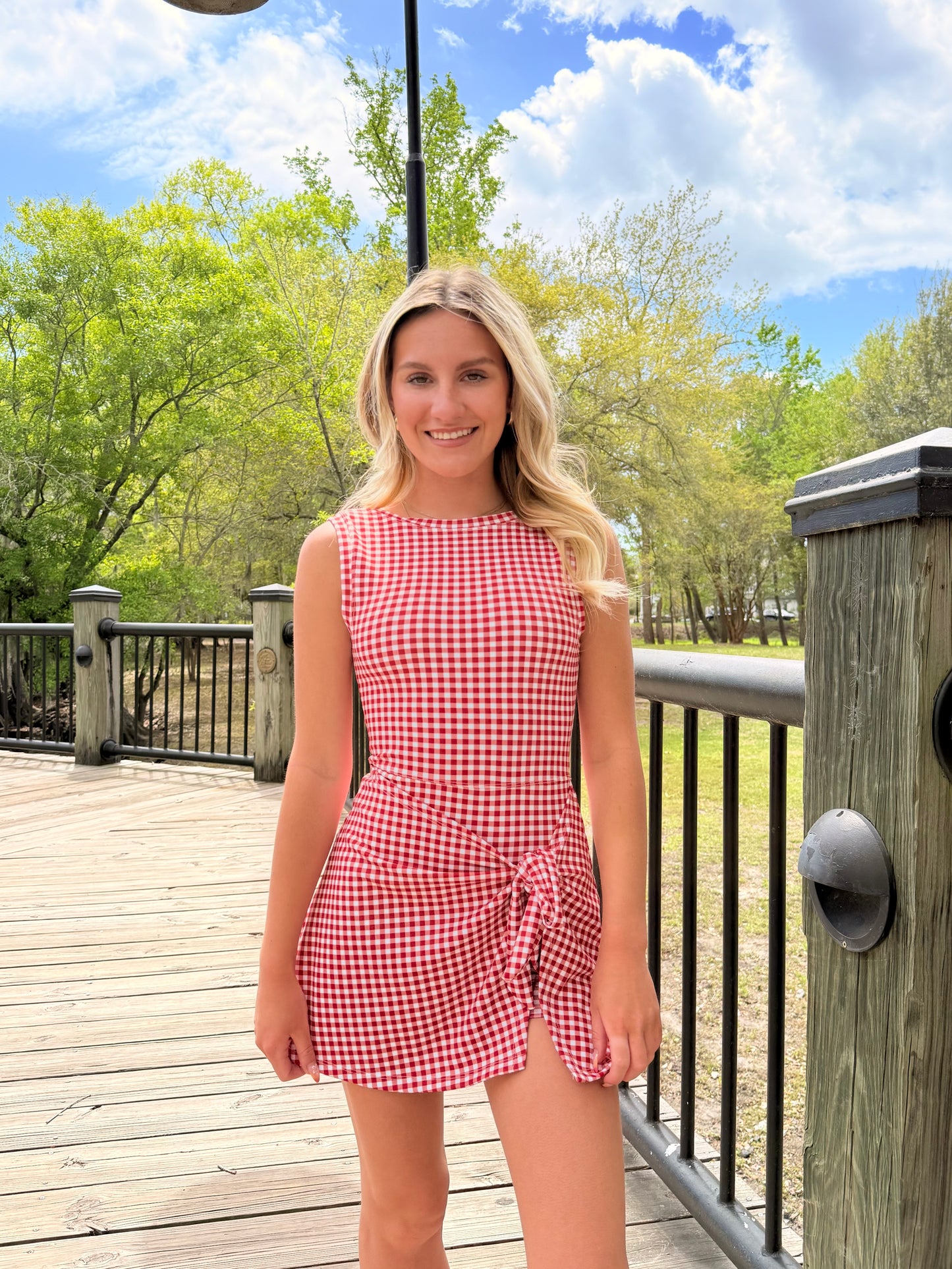 Gingham Print Red Romper Dress