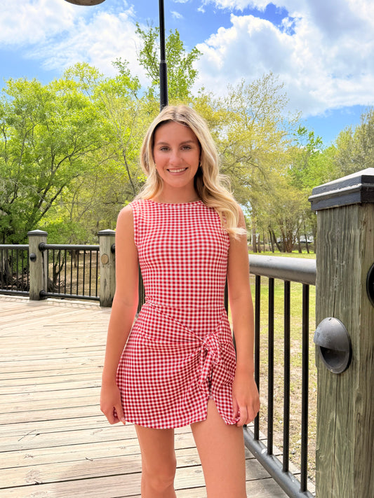 Gingham Print Red Romper Dress