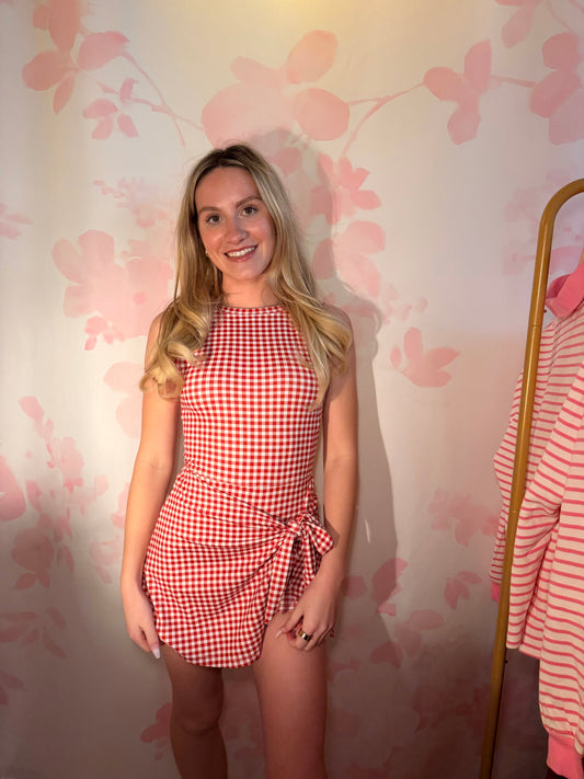 Gingham Print Red Romper Dress